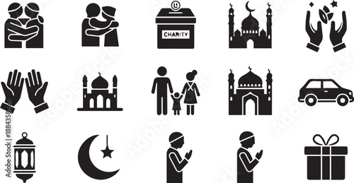 Islamic Lifestyle and Charity Icon Set Featuring Praying Men, Family, Mosque, Charity Box, and Eid Celebration Symbols