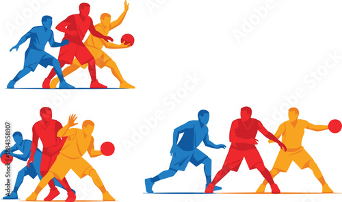 Dynamic Colorful Basketball Players Illustration Showing Dribbling Passing and Defensive Action Representing Teamwork Energy Competition and Modern Sports Design