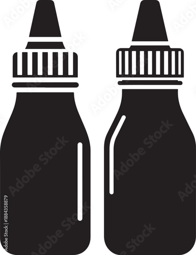 Two black silhouette squeeze bottles with narrow dispensing tips, for condiments, sauces, or liquids, vector art.