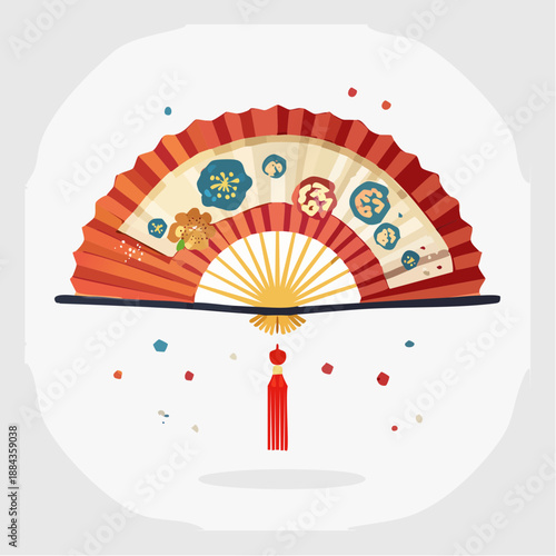 Traditional Japanese Hand Fan with Decorative Floral Patterns and Tassel Detail on a White Circular Background