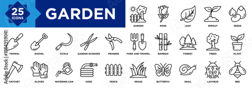 Garden icon collection set. Containing Leaf, Sprout, Seeds, Rose, Bamboo, Hatchet, Pruners, Shovel, Trowel, Garden Scissors icon