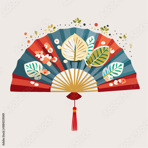 Decorative folding fan with elegant leaf and floral embellishments, featuring a tassel accent