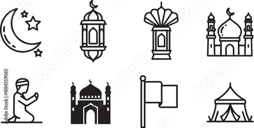Islamic Ramadan Icon Set Featuring Crescent Moon, Lanterns, Mosque, Praying Man, and Traditional Tent in Line Art and Silhouette Style