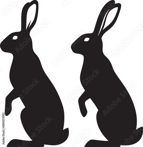 Two black silhouette rabbits sitting upright, stylized bunny vector art for Easter, nature, or children's themes.