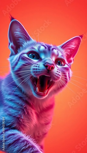 Futuristic lilac feline, jaw agape in neon-drenched awe, a coral backdrop shimmers,  amazement,  neon glow