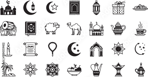 Islamic Ramadan and Eid Festival Icon Set Featuring Mosque, Quran, Camel, Sheep, Lantern, and Traditional Arabic Food Symbols