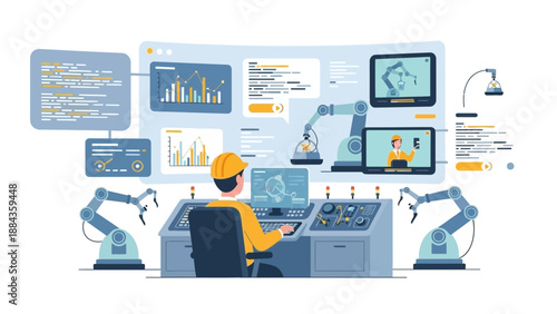 Robotics Engineer Overseeing Automated Production Line with Data Visualization.