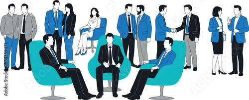 Business people in suits networking, shaking hands and having meetings in office environment