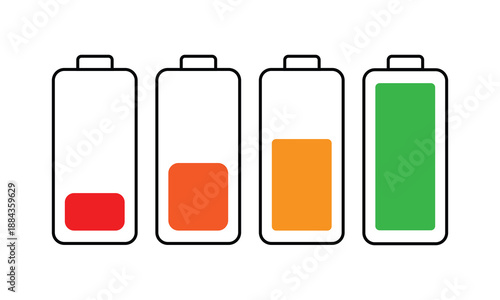 Colorful battery level icon set showing charge progression from red low power to green full energy on a white background. Clear battery, icon, energy, charging, and power concept for UI design.