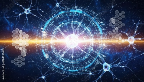 Abstract glowing neural network and digital circuitry visualization depicts advanced technology and complex connections