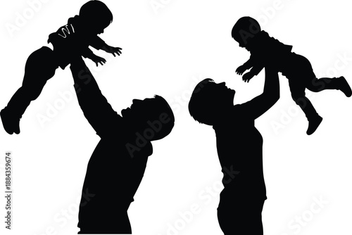 Father lifting baby silhouette illustration, parenting love concept, happy family bonding moment, childhood care, emotional lifestyle scene