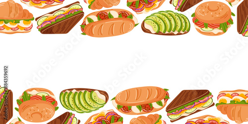 Frame border with sandwich, baguette, croissant, burger and avocado toast in flat style. Hand drawn illustration for menu design, packaging, poster and cafe background.