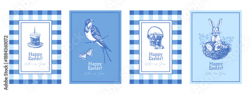 Vintage Easter hand drawn banner set. Spring greeting cards and invitation design. Retro sketch vector illustration. Stickers collage elements