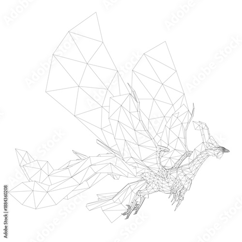 A majestic low poly phoenix with wings spread wide, featuring intricate wireframe details and a powerful stance against a clean white background.