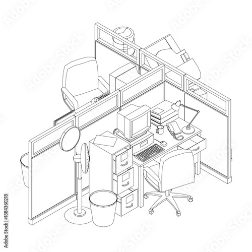 A retro office cubicle features a computer monitor, keyboard, and telephone on a wooden desk. A classic lamp and other workplace items complete the vintage setup against a white background.