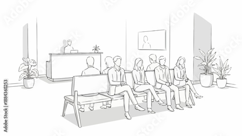 People waiting in a doctors office reception area illustration.