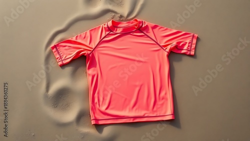 Neon surf rashguard laid flat on wet sand, material stretched.