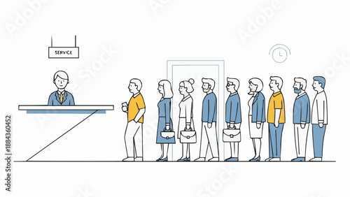 People waiting in line at a bank counter for service.