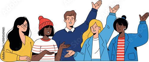 Group of diverse happy people waving hands and greeting vector illustration in flat design