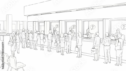 People waiting in line at a bank counter for service.