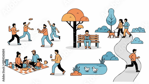 People enjoying various outdoor activities in a park setting.