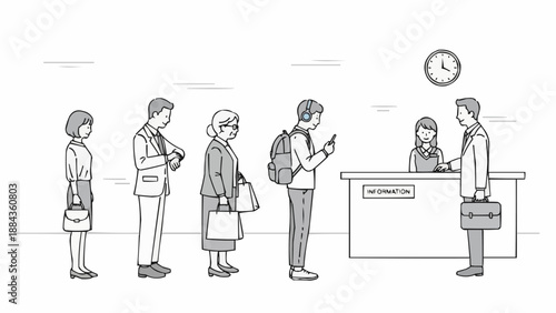 People patiently waiting in line at a reception desk.