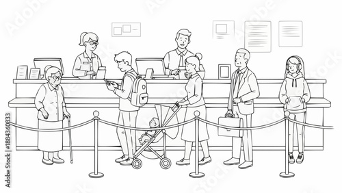People queuing at a bank counter for service.
