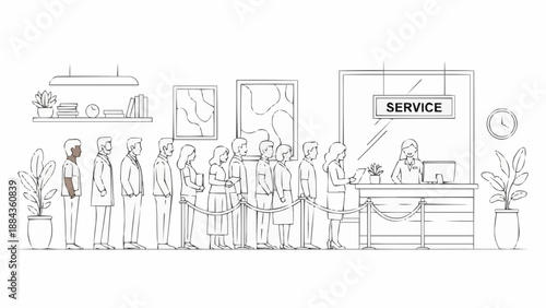 People queue at service desk illustration.
