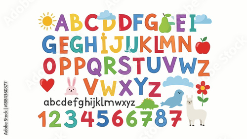 A colorful collection of uppercase and lowercase letters of the alphabet, numbers, and cute illustrations of animals and objects.