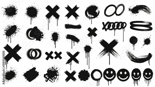 A collection of black spray paint graffiti elements including crosses, splatters, circles, and smiley faces.