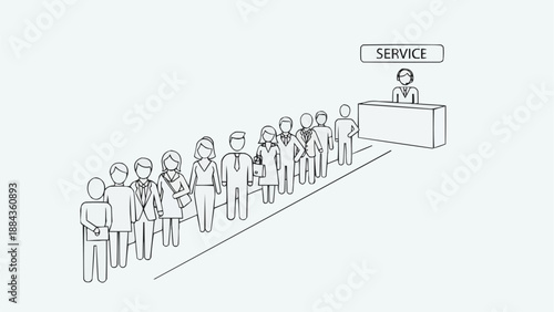 People queuing for service at a counter with a sign above.