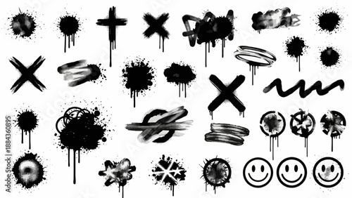A collection of black spray paint splatters, drips, crosses, Xs, scribbles, and smiley faces on a white background.