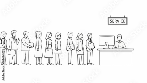 People standing in a line waiting for service at a counter.