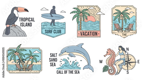 A collection of seven vintage-style illustrations depicting tropical island scenes, beach activities, and marine life.
