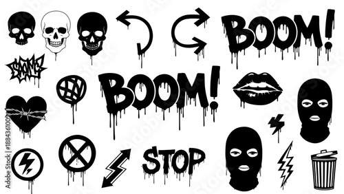 A collection of black and white graffiti-style icons and symbols, including skulls, lips, balaclavas, and text like "BOOM!" and "STOP".