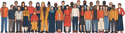 Large group of diverse multiethnic people standing together in flat vector illustration style