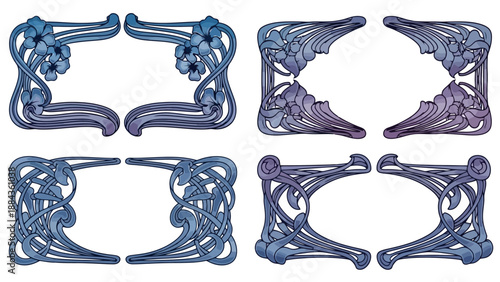 Four ornate art nouveau frames with floral and abstract decorative elements in shades of blue and purple.