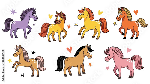 A collection of seven adorable cartoon horses in various bright colors and playful poses, adorned with stars and hearts.