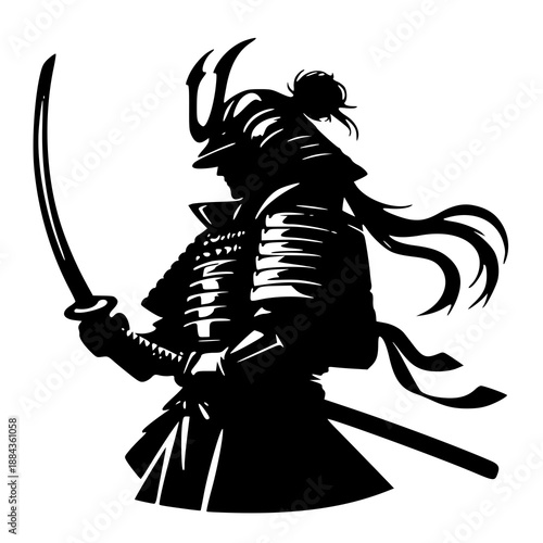 knight with sword and shield , vector illustration of a samurai , silhouette of a samurai 