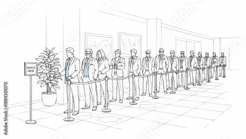 People standing in a long queue line illustration.