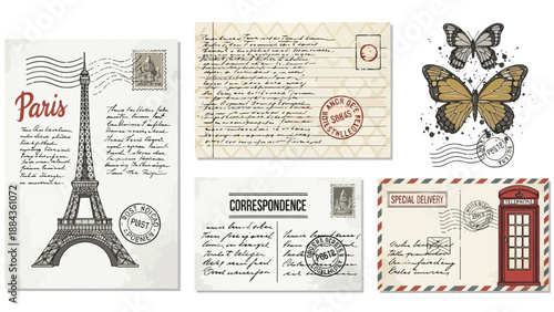 A collection of vintage-style postcards featuring iconic landmarks and motifs from Paris, London, and nature.