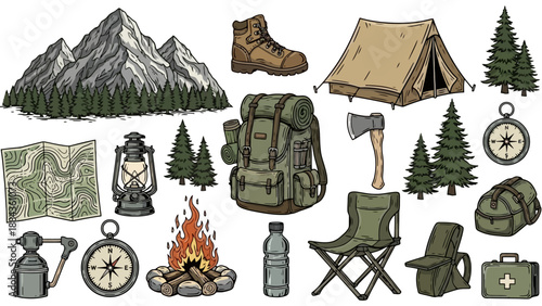 A collection of illustrations depicting camping and outdoor adventure gear, including a tent, backpack, map, and campfire.