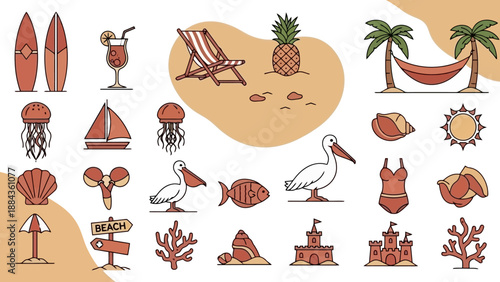A vibrant collection of flat design icons representing a tropical beach vacation with surfboards, cocktails, and marine life.