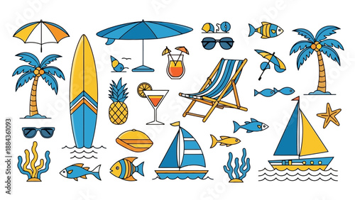 A vibrant collection of summer beach and vacation-themed illustrations, featuring palm trees, surfboards, sailboats, and tropical drinks.