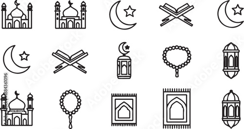 Islamic Religious Icon Set in Thin Line Style Featuring Mosque, Holy Quran, Prayer Beads, and Lanterns