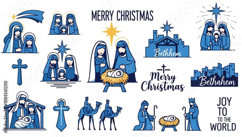 A collection of blue and white Christmas nativity scene illustrations, including Mary, Joseph, baby Jesus, the Three Wise Men, and Bethlehem.