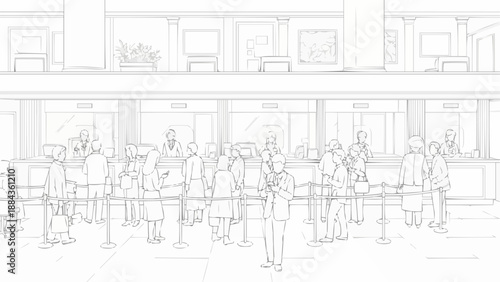 People standing in line at a bank counter illustration.