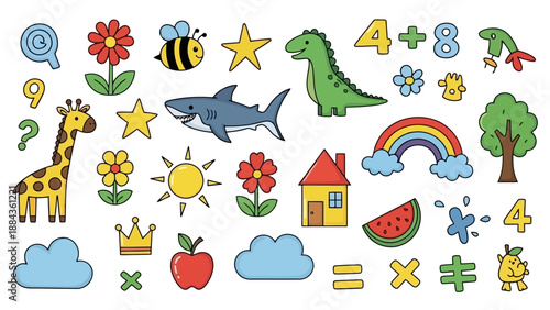 A vibrant collection of cartoon-style illustrations featuring animals, nature, and educational elements.