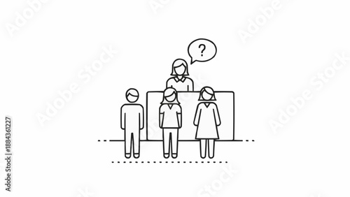 People standing in line at a counter with a question mark above the attendant.