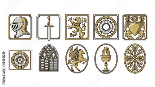 Collection of heraldic symbols and medieval emblems including a knight's helmet, sword, lion, and mythical creatures.